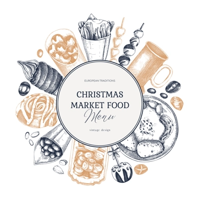 Christmas market food menu design. Hand-drawn vector illustration. Mulled wine, sweets, raclette, French fries, pastries, grilled sausages, roasted almond sketches. European Christmas fair wreath